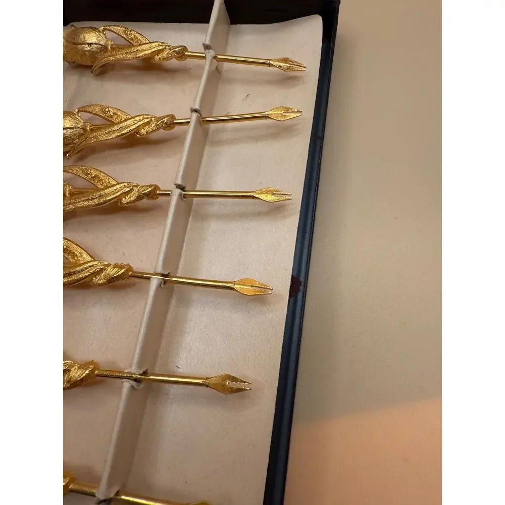 🌹 Vintage Janis Collection 24KT Gold Plated Rose Oyster Cocktail Forks Set 6